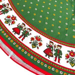 Vintage Koff Austrian Folk Art Tablecloth 62” Round Green German Penn Dutch